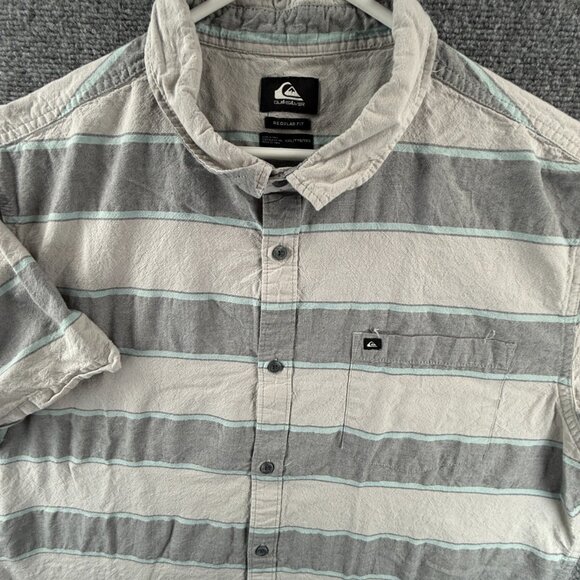 Quiksilver Gray White 2XL Striped Cotton Polyester Short Sleeve Men Surf Pocket - Picture 1 of 11